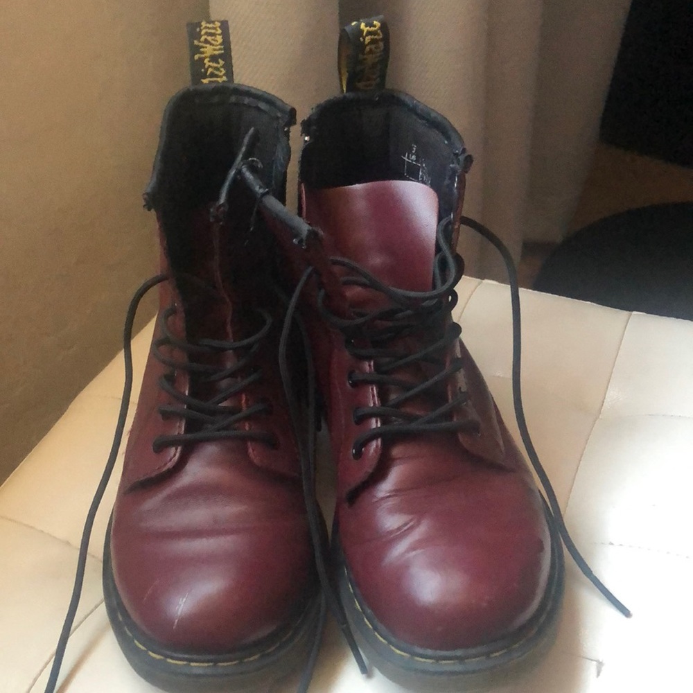 Wine Doc Martens, big kid size 3